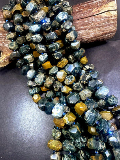 100% Natural Ocean Jasper Faceted Nugget Shape Gemstone Beads, Blue Gray Brown Multicolor Pattern Excellent Quality, Full Strand 15.5"