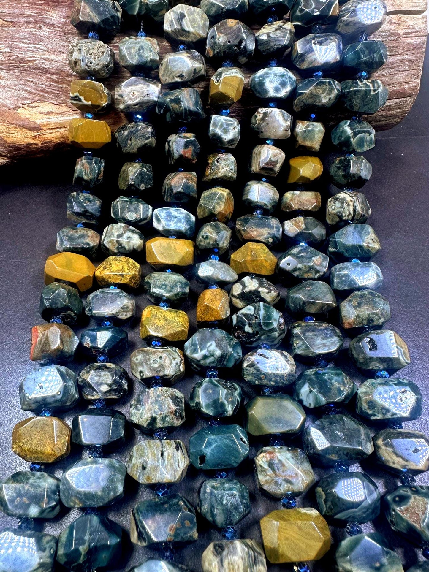 100% Natural Ocean Jasper Faceted Nugget Shape Gemstone Beads, Blue Gray Brown Multicolor Pattern Excellent Quality, Full Strand 15.5"