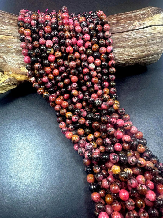100% Natural Pink Black Rhodonite Smooth Round Shape Gemstone Beads, Multicolor Pink and Black Pattern, Great Quality 15.5"