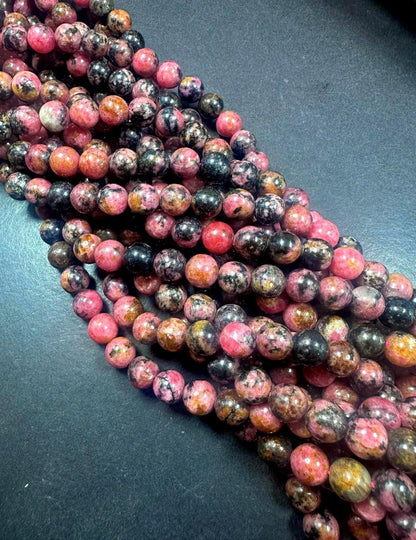 100% Natural Pink Black Rhodonite Smooth Round Shape Gemstone Beads, Multicolor Pink and Black Pattern, Great Quality 15.5"