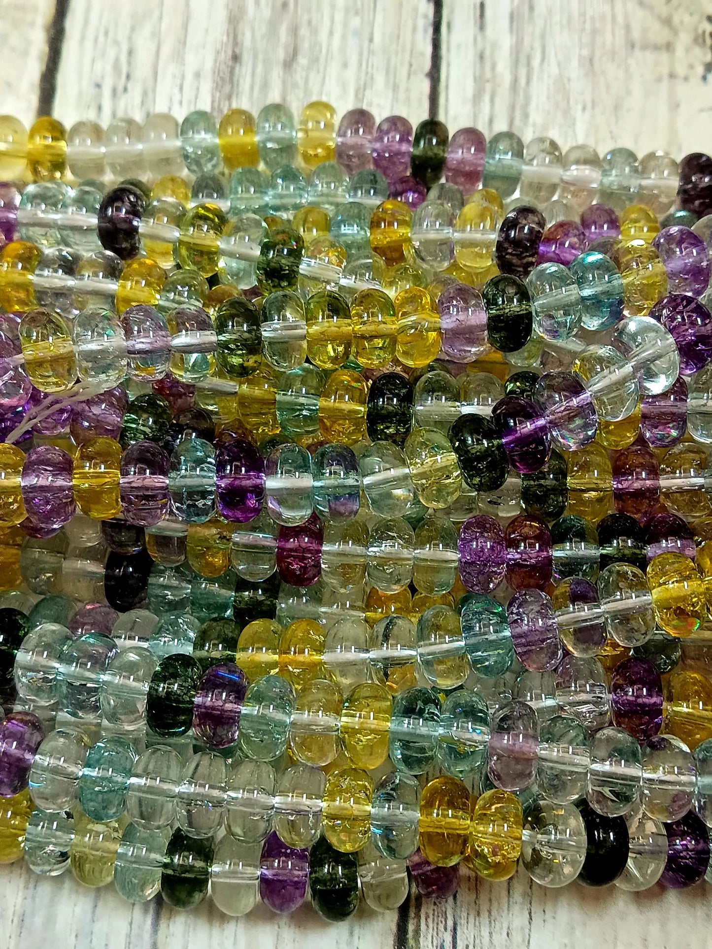 Gorgeous Rainbow multi color bead, Glass Smooth Rondelle Bead Purple, Sky blue and yellow. 8x5mm Super nice quality. full strand 15.5”