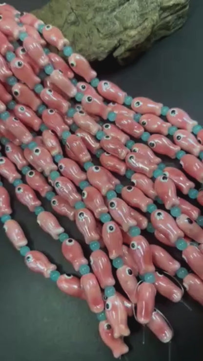 Pink Evil Eye Fish Shape Handmade Porcelain Beads, Beautiful Pink Color Great Quality 7.5"