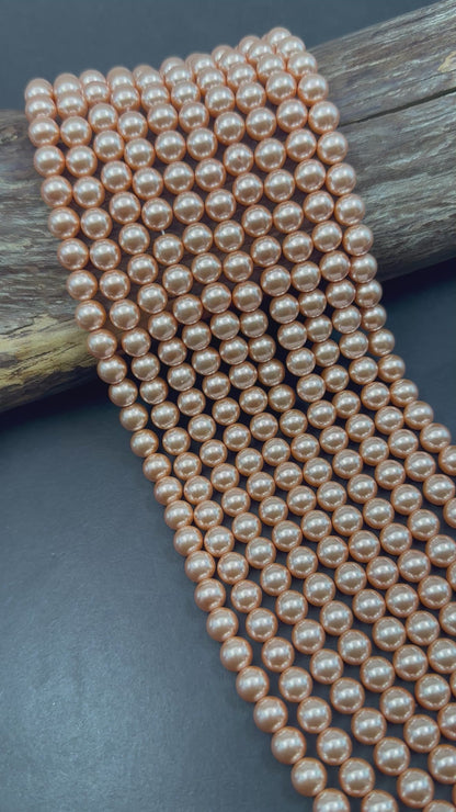 Chinese Rose Peach Swarovski Pearl Crystal Beads, 4mm 6mm 8mm 10mm 12mm Round Shape Bead. Beautiful Peach Color, Great Quality 15.5"