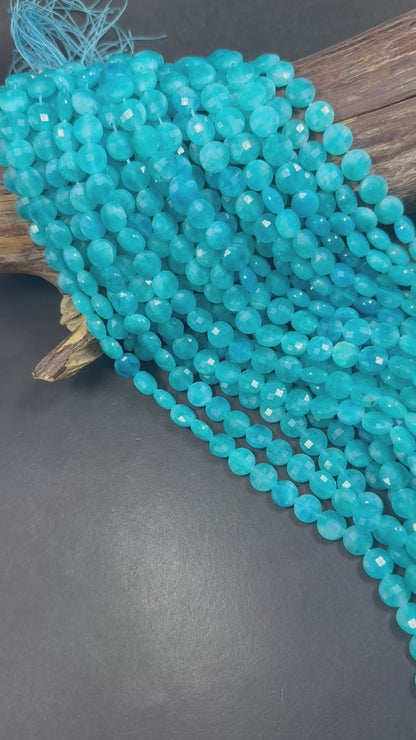 Beautiful Natural Amazonite Faceted Coin Shape Beads 10mm, Stunning Blue Color Great Quality 15.5"