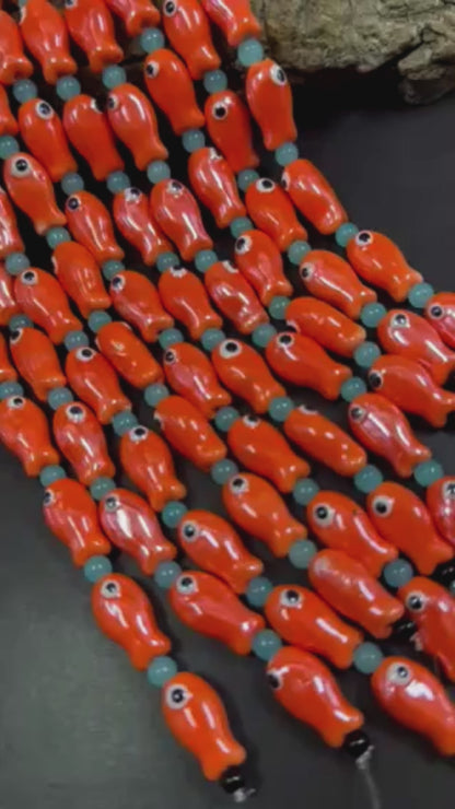 Orange Evil Eye Fish Shape Handmade Porcelain Beads, Beautiful Orange Color Great Quality 7.5"