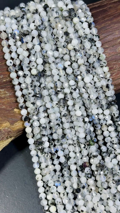 AAA Natural Blue Flash Moonstone Gemstone Bead Faceted 4.5mm Round Bead, Gorgeous Natural White Blue Flash Moonstone w/ Black Specks 15.5"