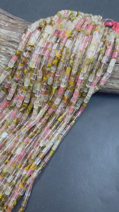 Natural Clear Watermelon Quartz Tube Tube Shape Beads 6x8mm, Beautiful Multicolor Pattern Great Quality 15.5