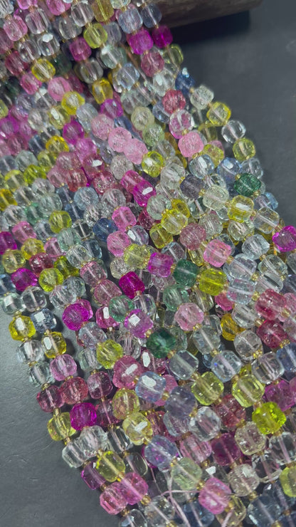 Beautiful Clear Multicolor Cube Shape Quartz Crystal Bead, 8x8mm Multicolor Pattern Great Quality 15.5"