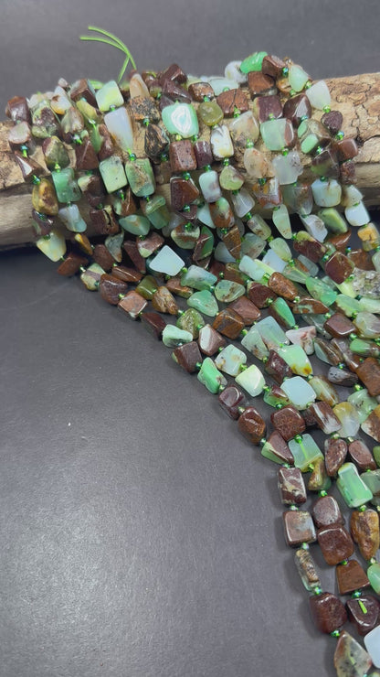 Beautiful Natural Chrysoprase Freeform Square Pebble Shape Bead, Green Brown Multicolor Pattern Great Quality 15.5"