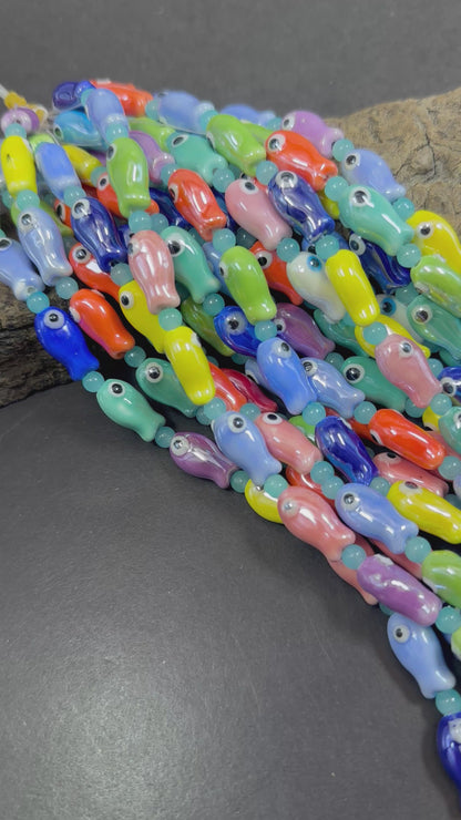 Rainbow Multicolor Evil Eye Fish Shape Handmade Porcelain Beads, Beautiful Rainbow Pattern Great Quality 7.5"