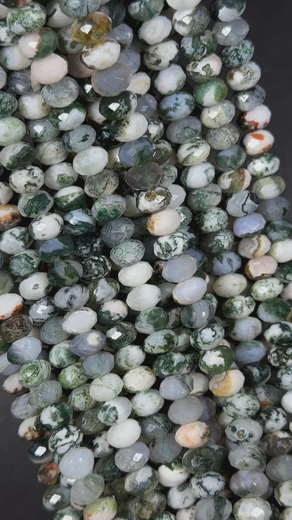 Natural Green Moss Agate Gemstone Bead Faceted Rondelle Shape Beads, Gorgeous Natural White Green Color Moss Agate Beads Full Strand 15.5"