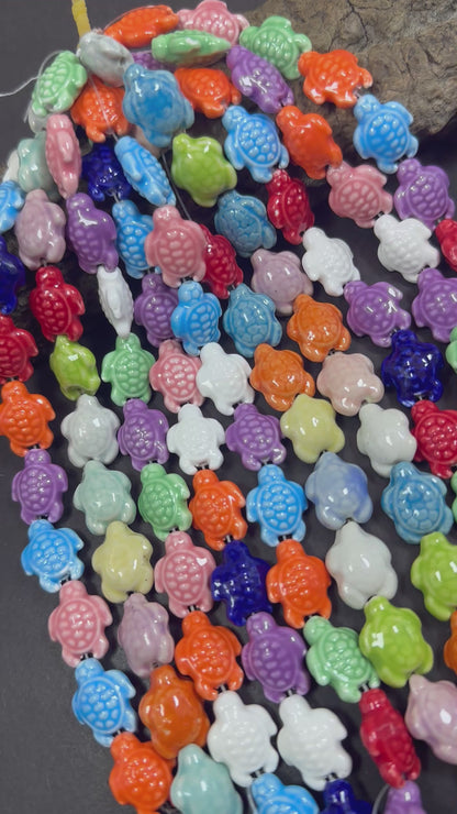 Rainbow Multicolor Sea Turtle Shape Handmade Porcelain Beads, Beautiful Rainbow Pattern Great Quality 7.5"