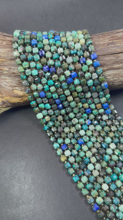 Natural Chrysocolla Faceted 6-7mm Cube Shape bead. Beautiful Blue Brown Multicolor, Great Quality 15.5”