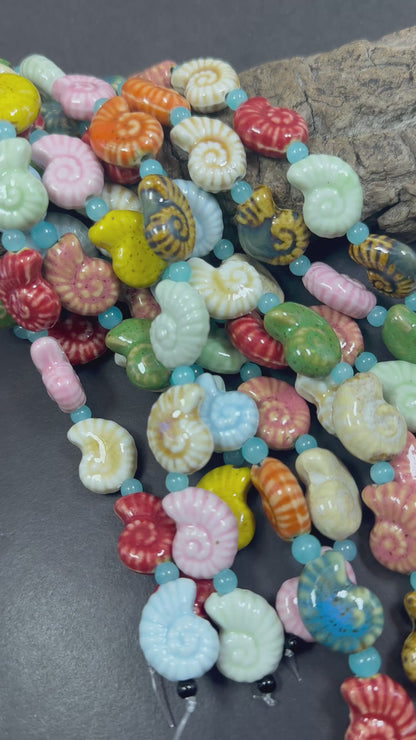 Rainbow Multicolor Seashell Shape Handmade Porcelain Beads, Beautiful Rainbow Pattern Great Quality 7.5"