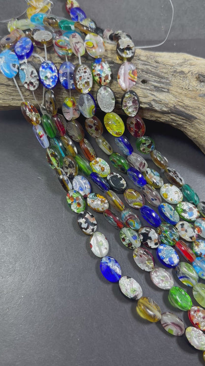 Beautiful Multicolor Silver Foil Millefiori Oval Shape Glass Beads, 10x13mm Great Quality 15.5"