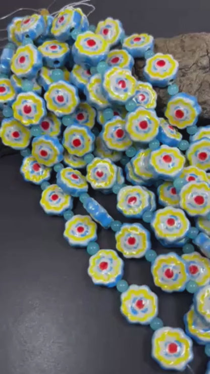 Beautiful Blue Yellow Flower Shape Handmade Porcelain Beads, Blue Yellow White Red Colors Great Quality 7.5"