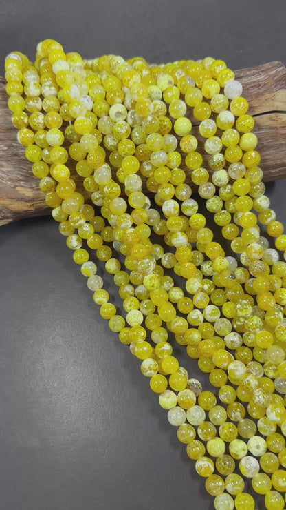 Yellow Dragon Vein Agate Smooth Round Shape Bead 6mm, 8mm, 10mm, Beautiful Yellow Color Great Quality 15.5"