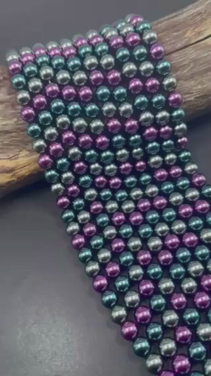 Gorgeous Chinese Multicolor Swarovski Pearl Crystal Beads, 8mm 10mm Round Shape Bead. Peacock Green Purple Silver Color, Great Quality 15.5"