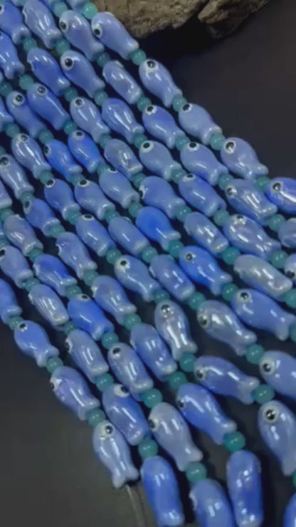Blue Evil Eye Fish Shape Handmade Porcelain Beads, Beautiful Blue Color Great Quality 7.5"