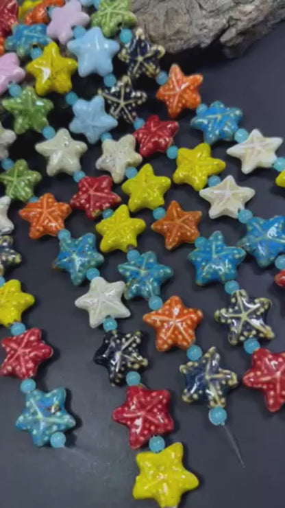 Beautiful Rainbow Multicolor Starfish Shape Handmade Porcelain Beads, Nice Rainbow Pattern Great Quality 7.5"