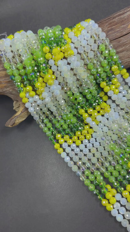Beautiful Multicolor Crystal Glass Bead (Light Green. Yellow, White) Faceted Round Shape Bead. High Quality 15.5"