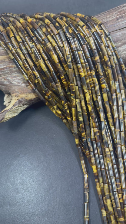 Beautiful Multicolor Tiger Eye Thin Tube Shape, 4x14mm Brown Yellow Color Great Quality 15.5"
