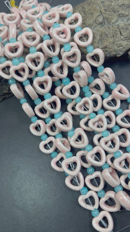 Heart Shape Handmade Porcelain Beads, 14mm Cute Heart Beads, Great Quality 7.5"