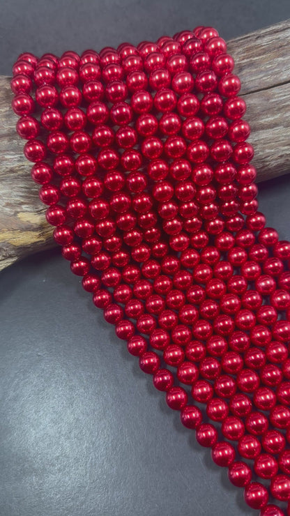 Gorgeous Chinese Red Swarovski Pearl Crystal Beads, 6mm 8mm 10mm 12mm Round Shape Bead. Beautiful Red Color, Great Quality 15.5"