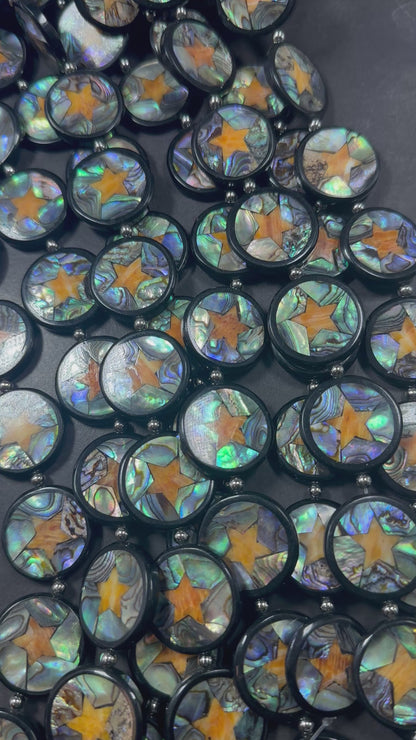 Natural Abalone Shell Coin Shape Beads with Orange Star 26mm, Unique and Great Quality 15.5"
