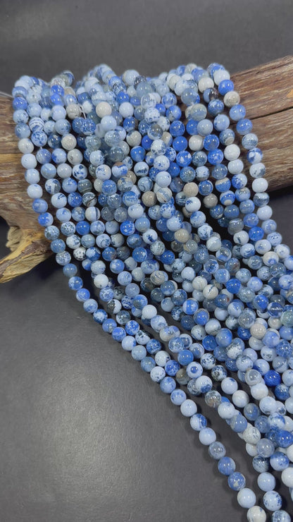 Blue White Tibetan Agate Smooth Round Shape Beads 6mm, 8mm, 10mm Beautiful Mixed Blue White Shade, Great Quality 15.5"