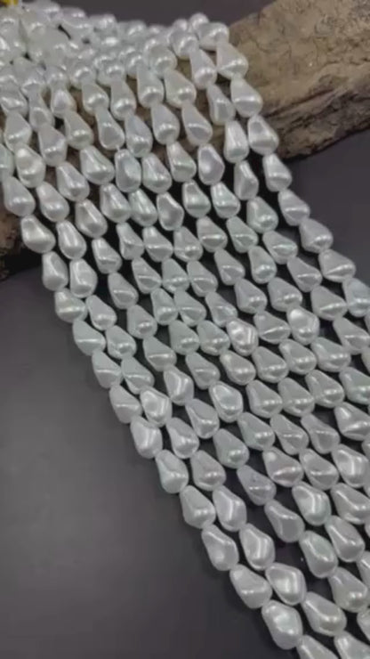 Gorgeous Chinese White Swarovski Pearl Crystal Beads 9x12mm Freeform Teardrop Shape. Beautiful White Color, High Quality 15.5"