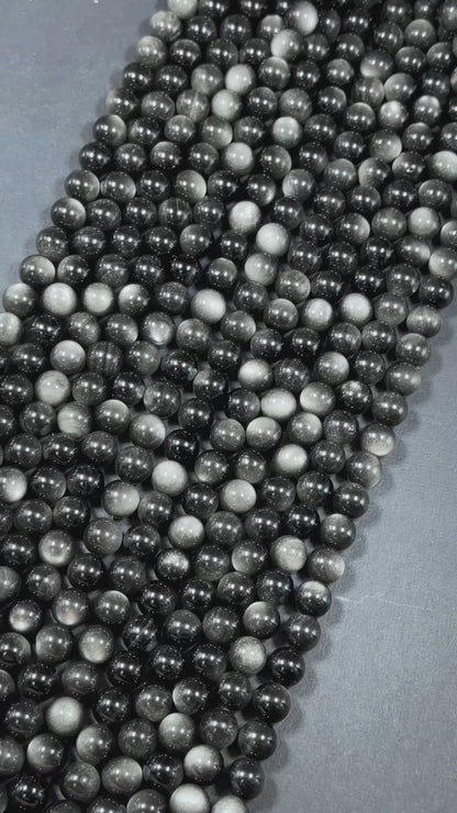 AAA Natural Silver Obsidian Gemstone Bead 6mm 8mm 10mm 12mm Round Bead, Gorgeous Black Silver Sheen Obsidian Beads, Excellent Quality Full Strand 15.5"