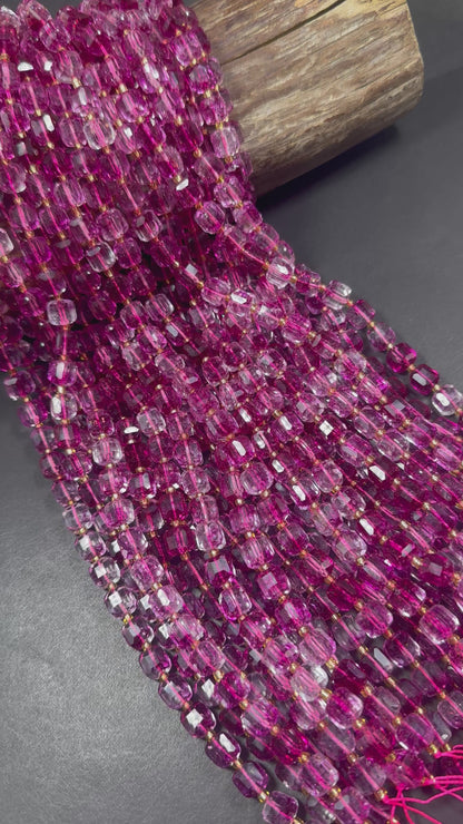 Beautiful Clear Hot Pink Cube Shape Quartz Crystal Bead, 8x8mm Hot Pink Color Great Quality 15.5"