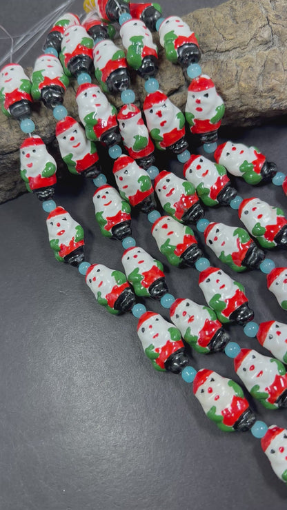 Adorable Christmas Santa Claus Shape Hand Painted Porcelain Beads, with Light Blue Spacers, Great Quality 7.5"