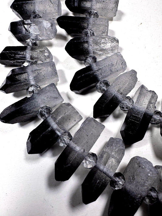 100% Natural Rock Crystal quartz . freedom teeth shape . black white color . full strand 15.5