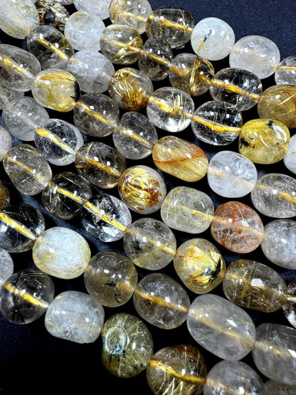 Natural Rutilated Quartz Small Nugget Shape Gemstone Bead Strand (15.5")