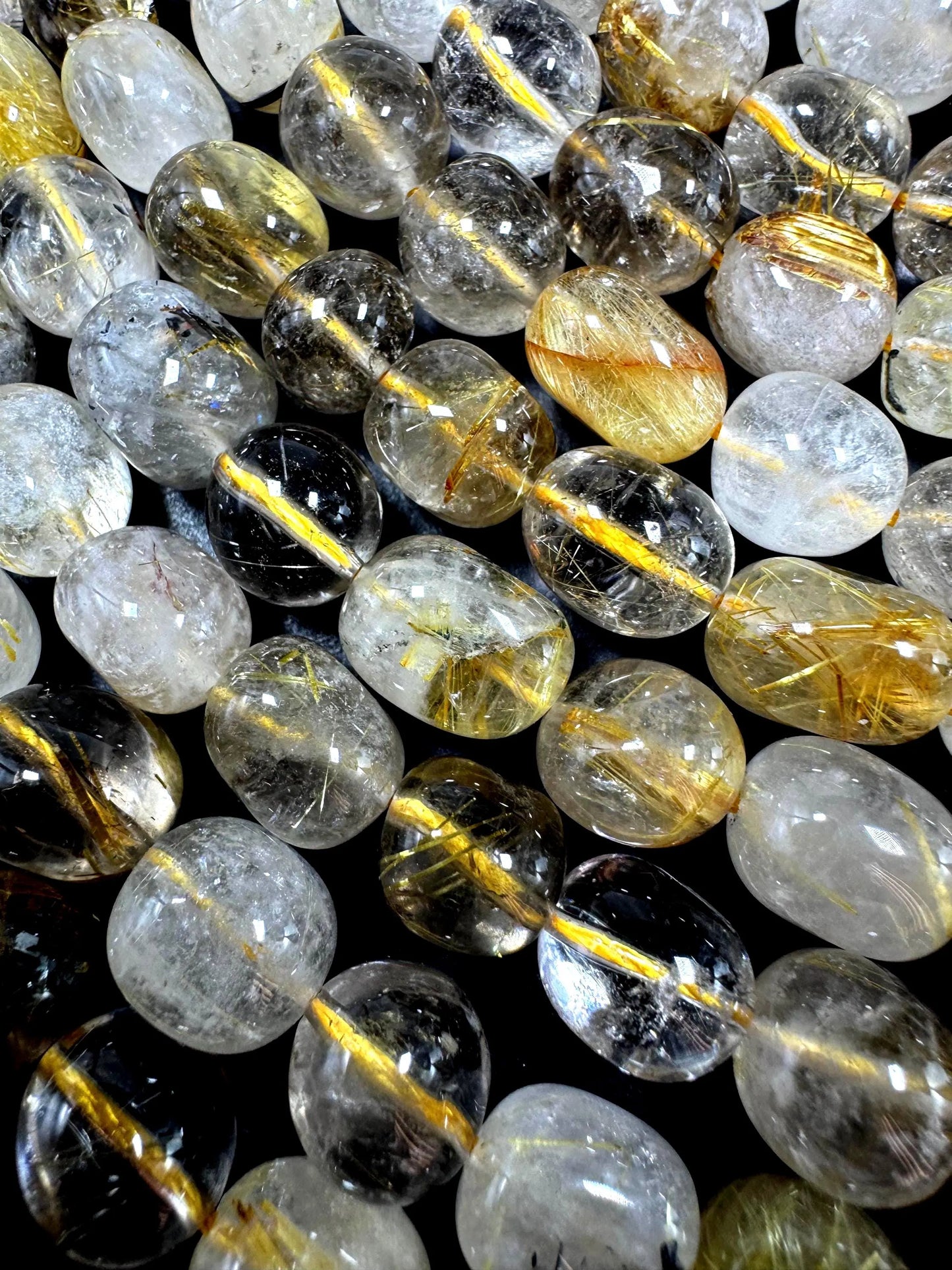 Natural Rutilated Quartz Small Nugget Shape Gemstone Bead Strand (15.5")