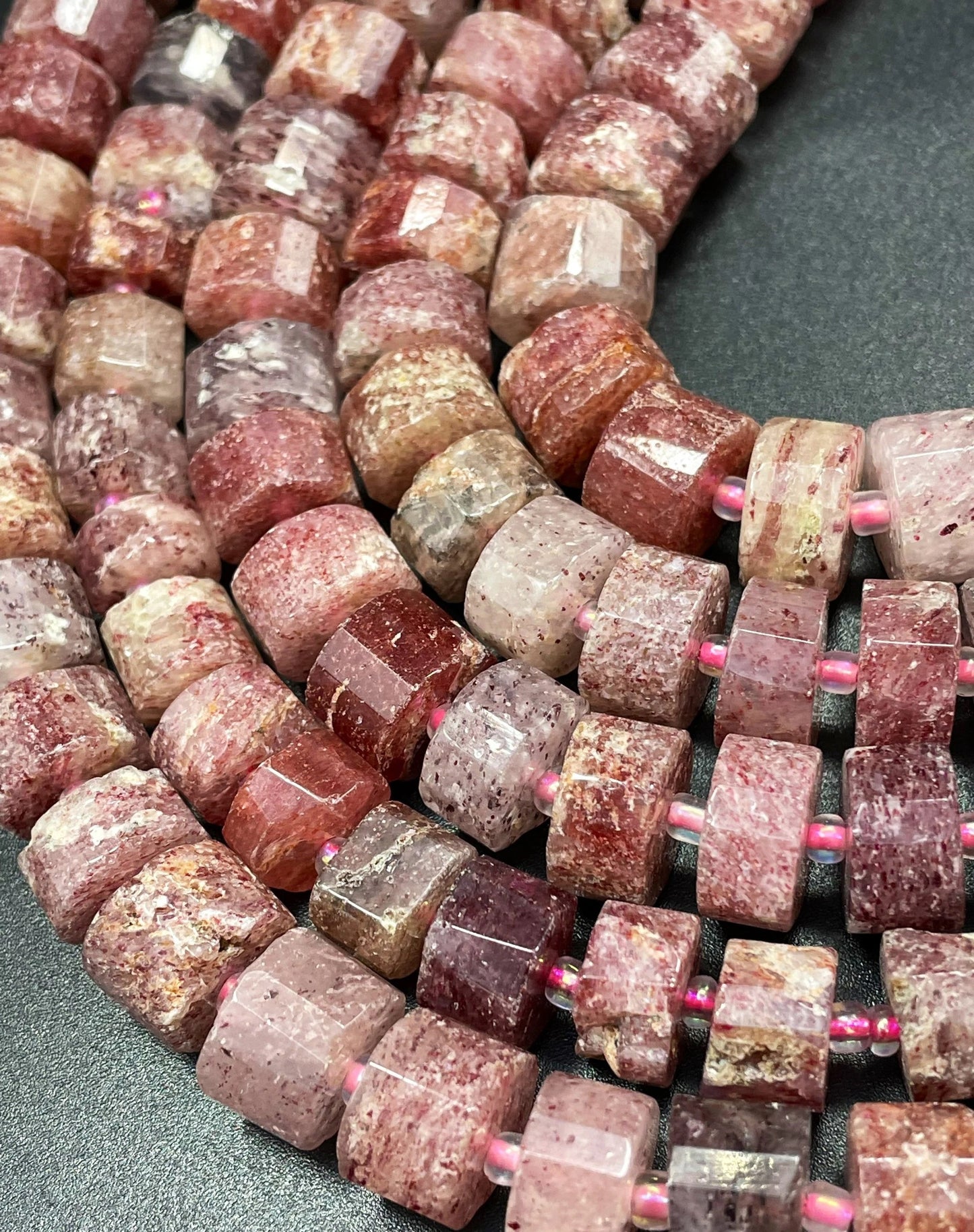 AAA Natural Strawberry Quartz Gemstone Bead Faceted 10x7mm Rondelle Pinwheel Cylinder Shape, Beautiful Natural Red Pink Color Strawberry Quartz Beads 15.5"