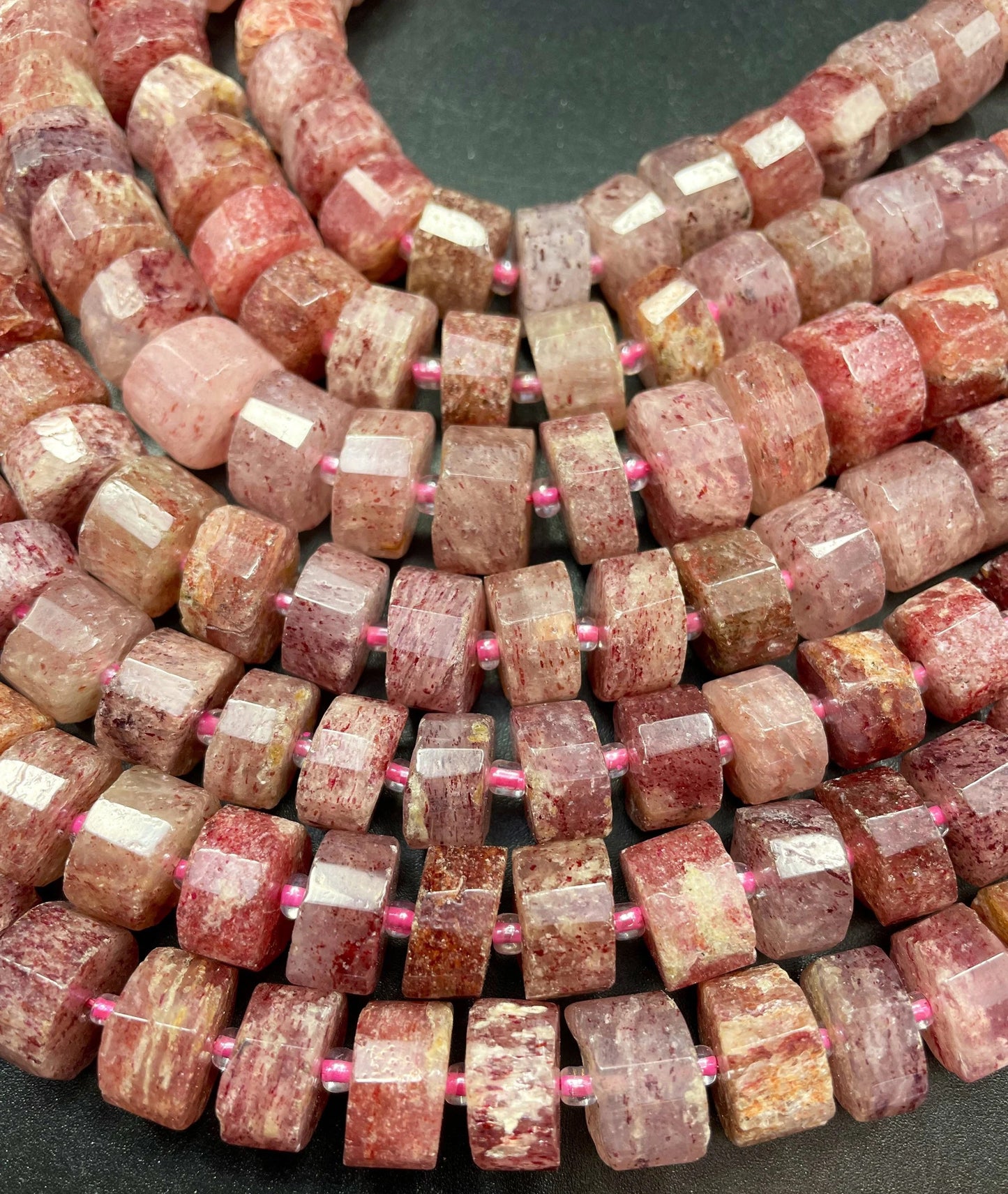 AAA Natural Strawberry Quartz Gemstone Bead Faceted 10x7mm Rondelle Pinwheel Cylinder Shape, Beautiful Natural Red Pink Color Strawberry Quartz Beads 15.5"