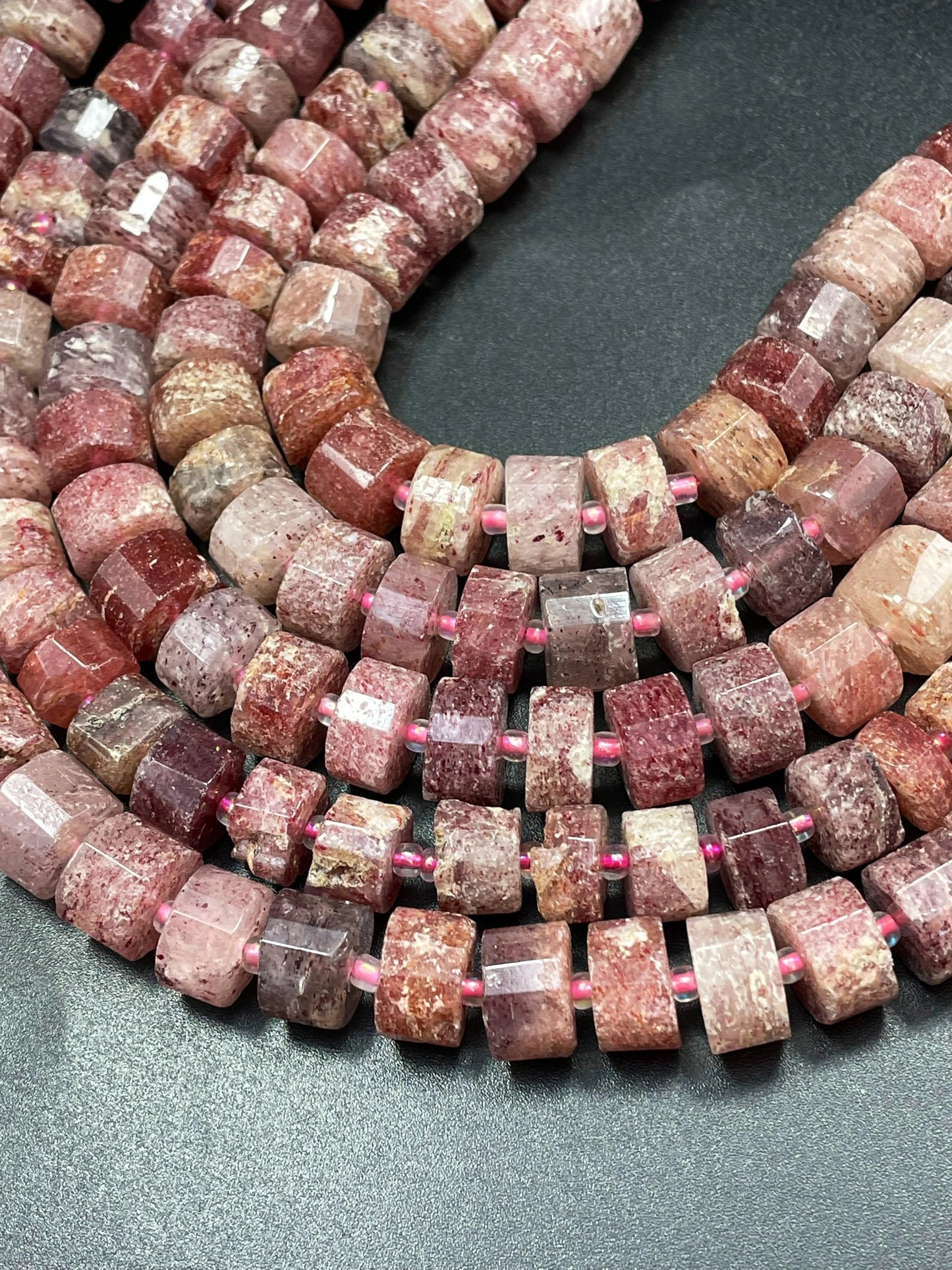 AAA Natural Strawberry Quartz Gemstone Bead Faceted 10x7mm Rondelle Pinwheel Cylinder Shape, Beautiful Natural Red Pink Color Strawberry Quartz Beads 15.5"