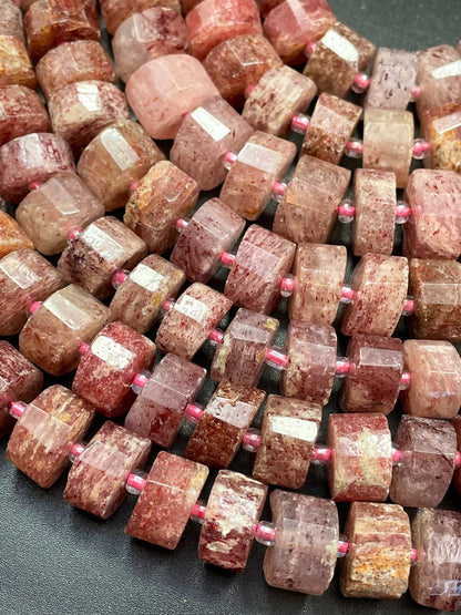 AAA Natural Strawberry Quartz Gemstone Bead Faceted 10x7mm Rondelle Pinwheel Cylinder Shape, Beautiful Natural Red Pink Color Strawberry Quartz Beads 15.5"