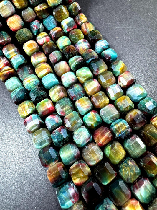 Natural galaxy tiger eye stone bead faceted 9mm cube shape. Beautiful rainbow galaxy color. High quality gemstone bead.