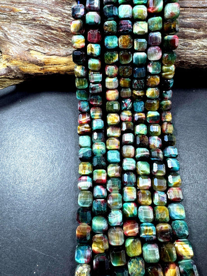Natural galaxy tiger eye stone bead faceted 9mm cube shape. Beautiful rainbow galaxy color. High quality gemstone bead.