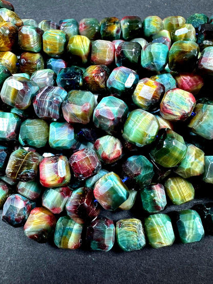 Natural galaxy tiger eye stone bead faceted 9mm cube shape. Beautiful rainbow galaxy color. High quality gemstone bead.