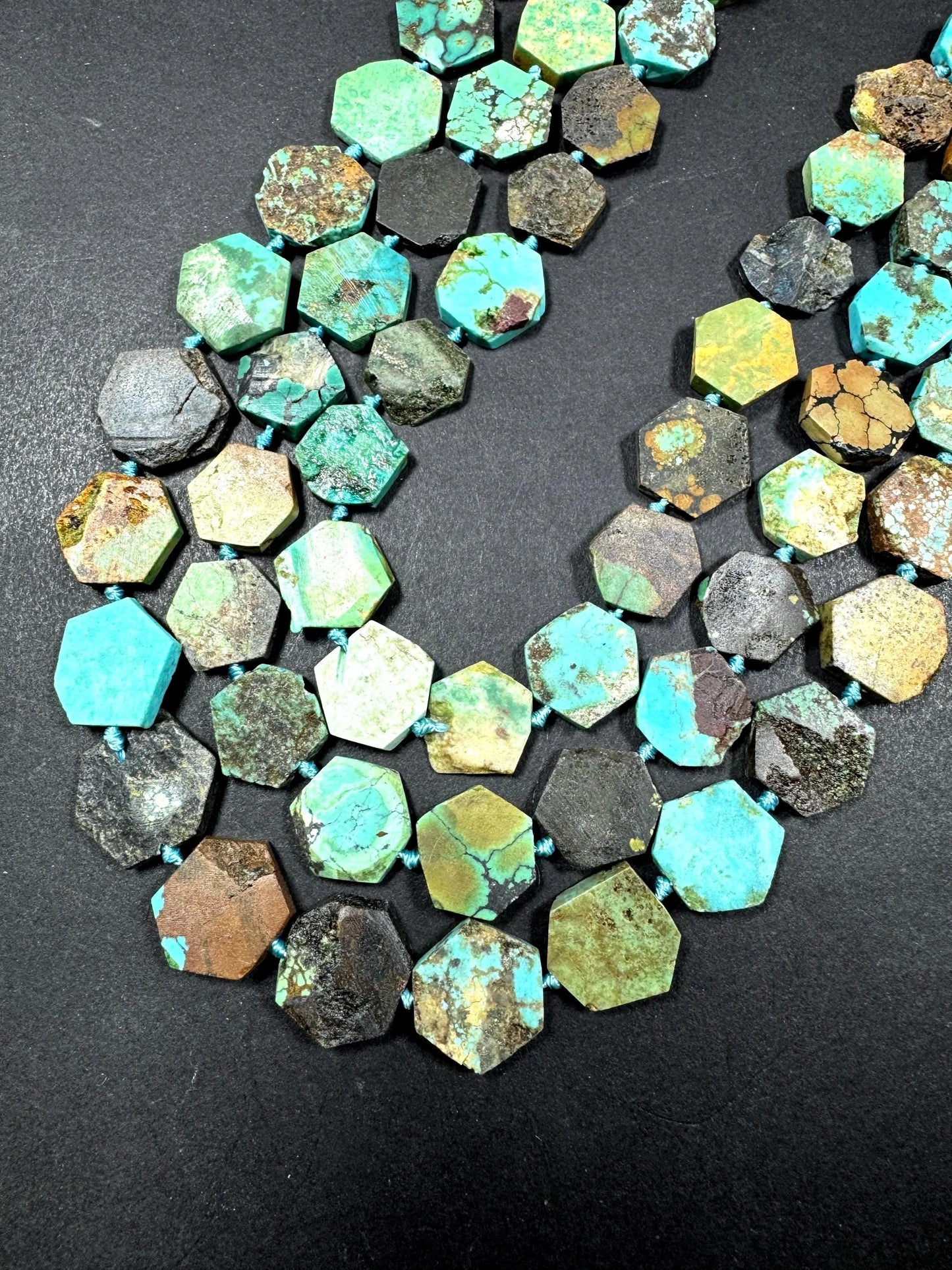 Natural turquoise gemstone bead. Gorgeous natural blue with brown turquoise beads . Diamond shape . Excellent quality . Full strand 15.5”