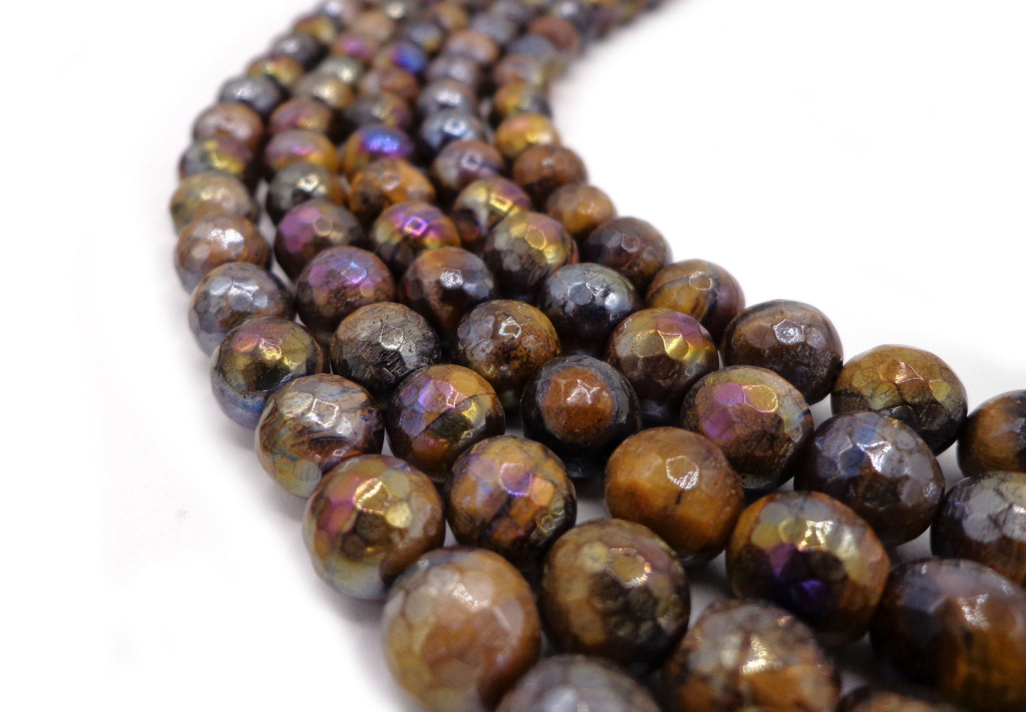 NATURAL Gemstone Electroplated Tiger-Eye, beads Faceted Round beads 4mm 6mm 8mm, 10mm 12mm Full Strand 16", AAA quality