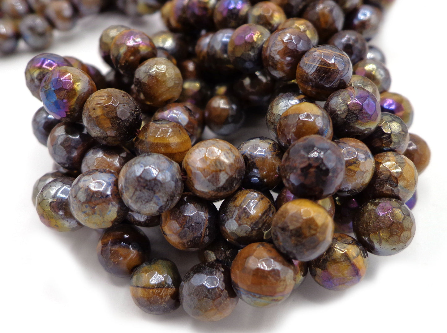 NATURAL Gemstone Electroplated Tiger-Eye, beads Faceted Round beads 4mm 6mm 8mm, 10mm 12mm Full Strand 16", AAA quality