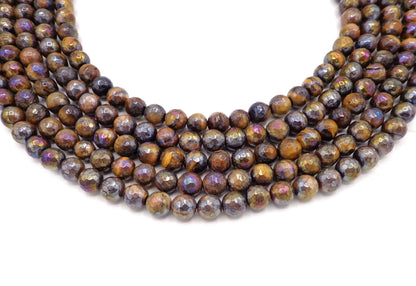 NATURAL Gemstone Electroplated Tiger-Eye, beads Faceted Round beads 4mm 6mm 8mm, 10mm 12mm Full Strand 16", AAA quality