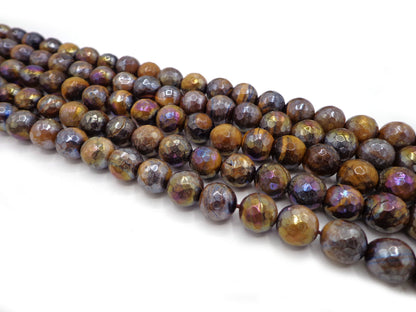 NATURAL Gemstone Electroplated Tiger-Eye, beads Faceted Round beads 4mm 6mm 8mm, 10mm 12mm Full Strand 16", AAA quality
