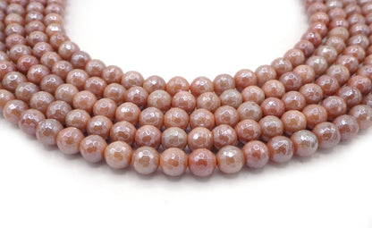 NATURAL Peach Moonstone Gemstone Beads Faceted 6mm 8mm 10mm 12mm Round Beads Silverite AB Coated, Full Strand 15.5"